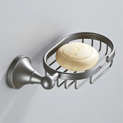 DecorBites™ Gray Bathroom Accessories Set: Towel Rack, Toilet Brush Holder, Shelf, Soap Dish