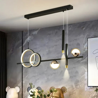 Modern black and gold decorbites led pendant lights with circular rings and spherical bulbs for kitchen and office use