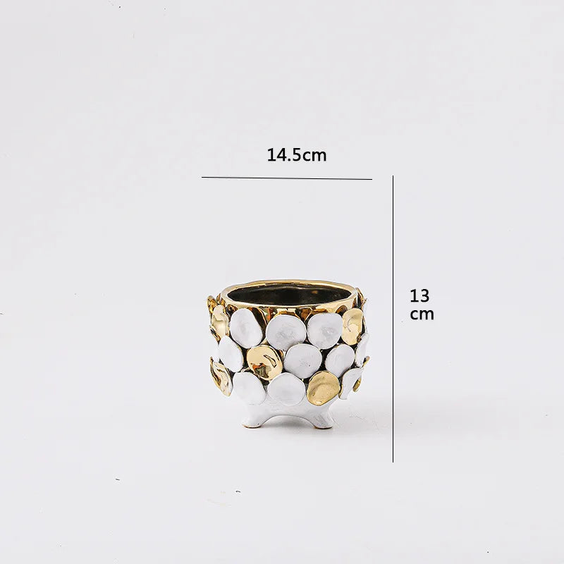 DecorBites™ Geometric Gold Leaf Relief Ceramic Vase - Elegant Hand-Appliqued Flower Pot Home Decor