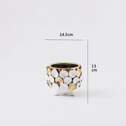 DecorBites™ Geometric Gold Leaf Relief Ceramic Vase - Elegant Hand-Appliqued Flower Pot Home Decor
