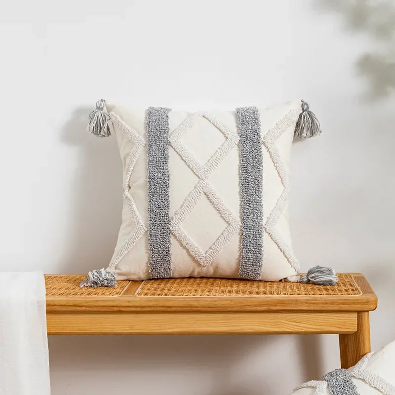 DecorBites™ Geometric Tufted Tassel Cushion Cover White Grey Bohemian Decor Pillow Cover