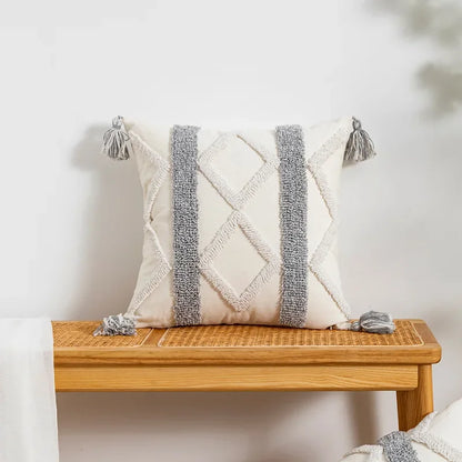 DecorBites™ Geometric Tufted Tassel Cushion Cover White Grey Bohemian Decor Pillow Cover