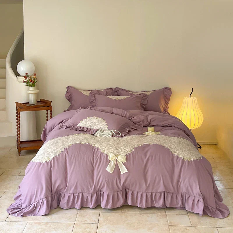 DecorBites™ Lace Embroidery Princess Bedding Set - Duvet Cover, Sheet, Pillowcases - Blue Pink Purple