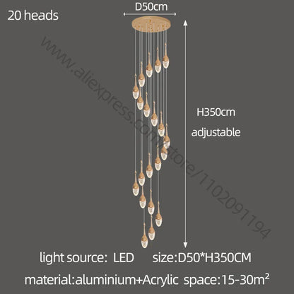 DecorBites™ Gold LED Staircase Chandelier: Elegant Luxury Large Pendant Lamp for Living Room