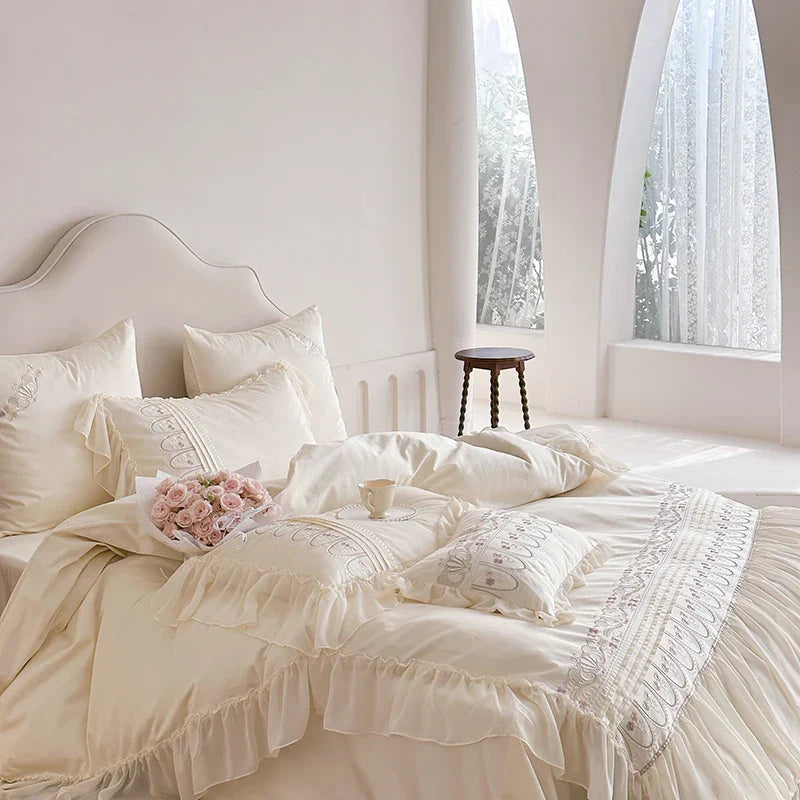 DecorBites™ Flowers Embroidery Princess Wedding Lace Bedding Set 1200TC Cotton Duvet Cover Flat Sheet Pillowcases