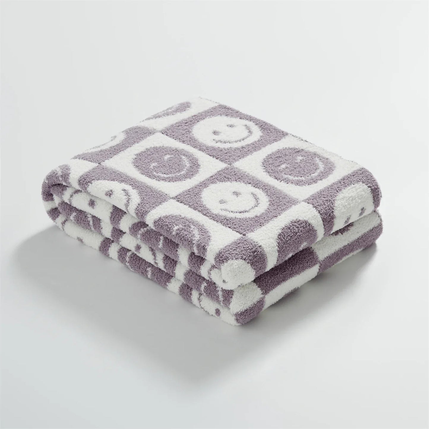 DecorBites™ Knitted Checkboard Smile Face Design Fluffy Blanket - Spring Violet Pink Gray Blanket