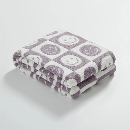 DecorBites™ Knitted Checkboard Smile Face Design Fluffy Blanket - Spring Violet Pink Gray Blanket