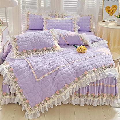 DecorBites™ Korean Princess Bedding Set: Flowers, Lace, Ruffles, Embroidery, Quilted, Duvet Cover, Bedspread