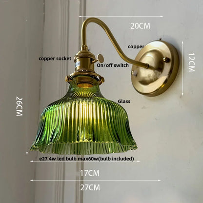 DecorBites™ Green Glass LED Wall Light with Copper Knob Switch for Modern Home Décor
