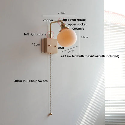 DecorBites™ Globe Ceramic LED Wall Lights Walnut Wood Sconce Rotatable Bedside Lamp