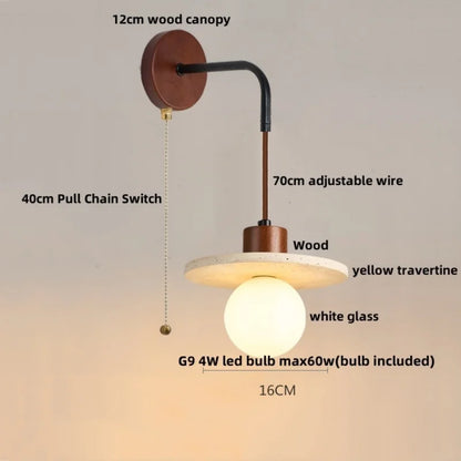 DecorBites™ LED White Glass Wall Light Fixture Modern Pull Chain Switch Bedside Sconce