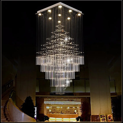 DecorBites™ Crystal Columnar Chandelier: Modern Square Base Hanging Lamp for Living Room, Stair, Loft