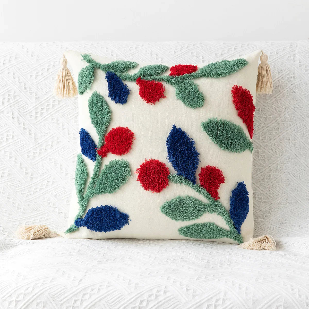 DecorBites™ Geometric Tufted Embroidery Flowers Boho Cushion Cover with Tassel