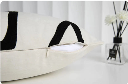 DecorBites™ Geometric Line Embroidered Pillowcase in Black White Beige Suede Canvas