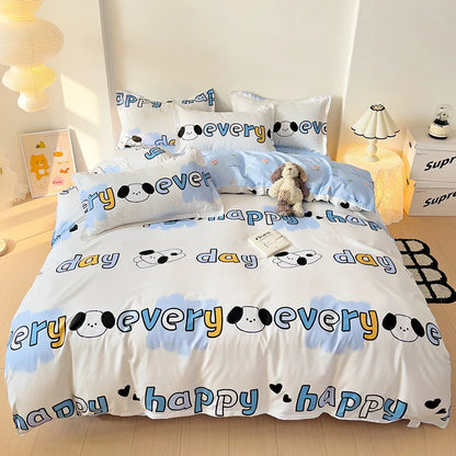 DecorBites™ Letter Happy Little Dog Print Bedding Set for Single Double Bed, 3/4Pcs