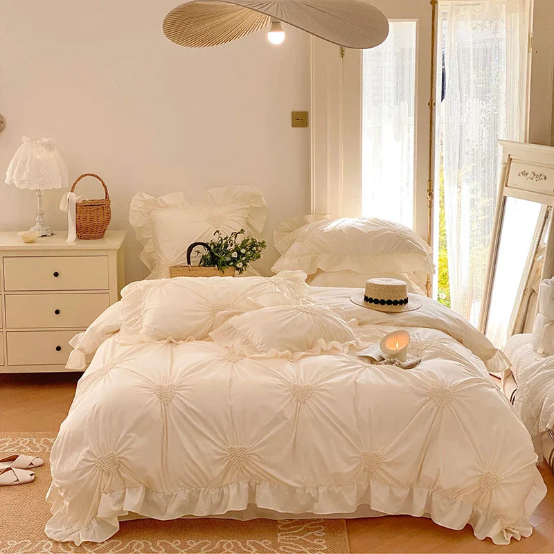 DecorBites™ Korean Princess Style Pure Cotton Bedding Set with Ruffles and Heart Pleat