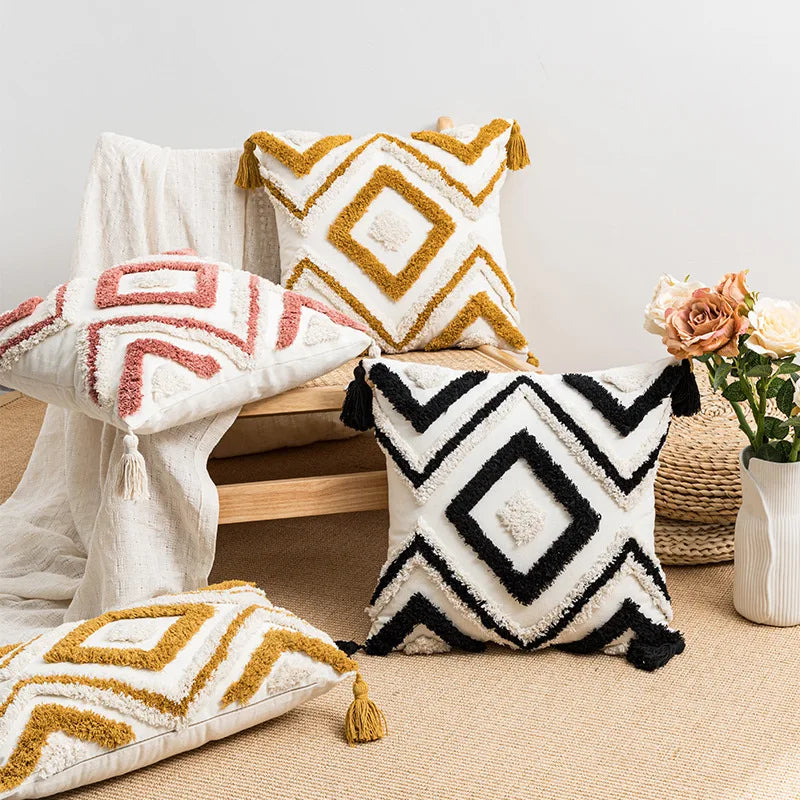 DecorBites™ Geometric Embroidery Boho Cushion Cover Sofa Decorative Pillowcase Canvas Cotton
