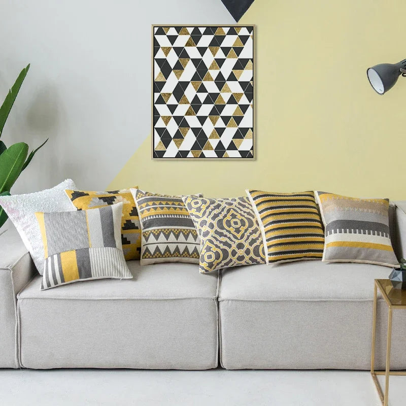 DecorBites™ Geometric Canvas Cotton Cushion Cover - Yellow Grey/White Embroidery Square Pillow Cover