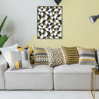 DecorBites™ Geometric Canvas Cotton Cushion Cover - Yellow Grey/White Embroidery Square Pillow Cover