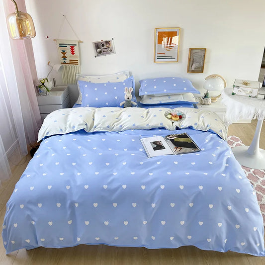 DecorBites™ Heart Print Solid Color Bedding Set: Duvet Cover, Sheet, Pillowcases for Single Double Bed
