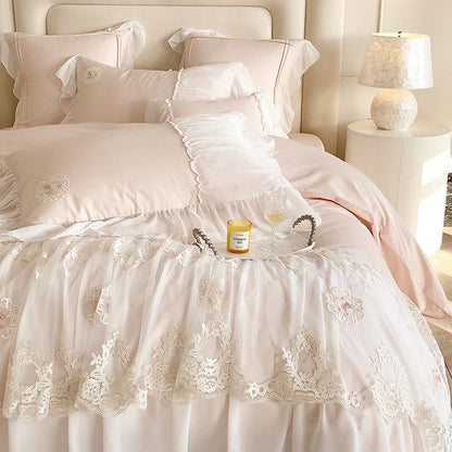 DecorBites™ French Lace Ruffles Princess Wedding Bedding Set - 4Pcs 1000TC Cotton - Duvet, Sheet, Pillowcases