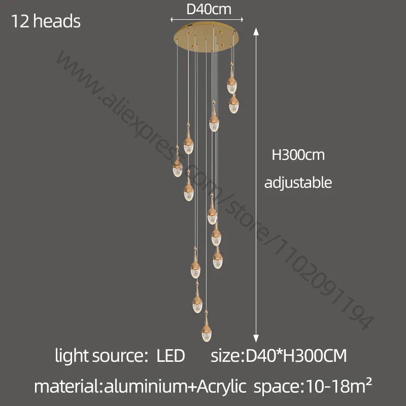 DecorBites™ Gold LED Staircase Chandelier | Luxury Large Living Room Pendant Lamp