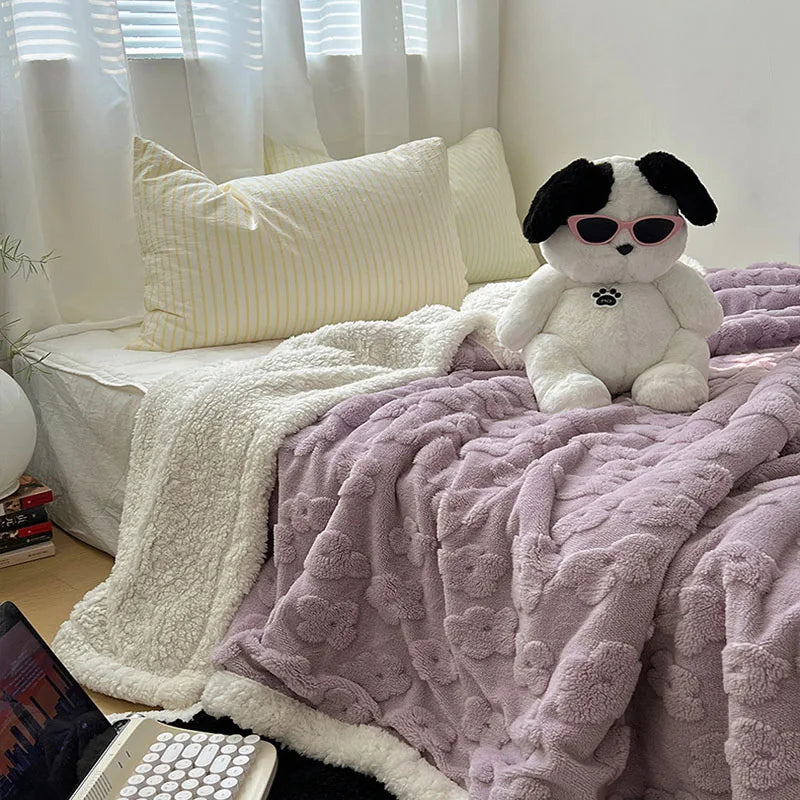 DecorBites™ Cozy Lamb Wool Flower Jacquard Blanket: Luxe Solid Color Sofa Quilt for Winter