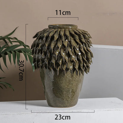DecorBites™ Leaf Relief Ceramic Vase: Hand-made 3D Floral Arrangement Pot