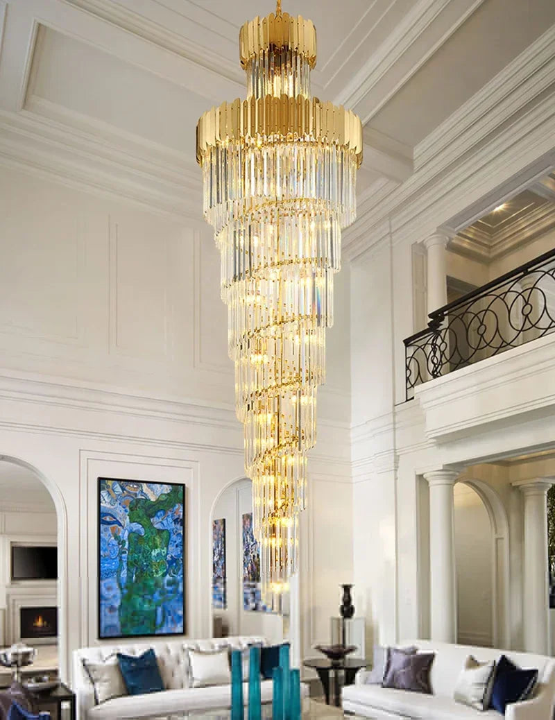 DecorBites™ Golden Luxury Hotel Lobby Crystal Chandelier for Multi-Story Staircase Lighting