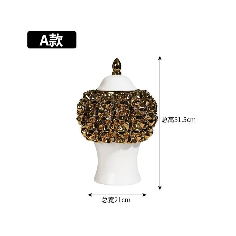 Gold Ceramic Ginger Jar With Relief Flower Design