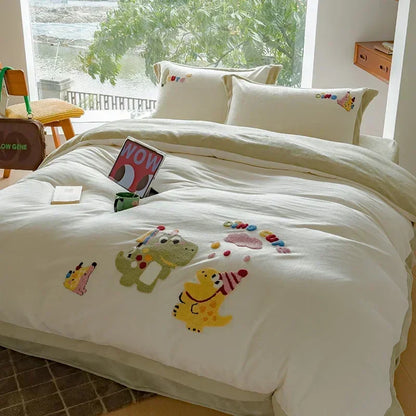DecorBites™ Embroidered Fleece Winter Bedding Set: Duvet Cover, Sheet, Quilt, Pillowcases
