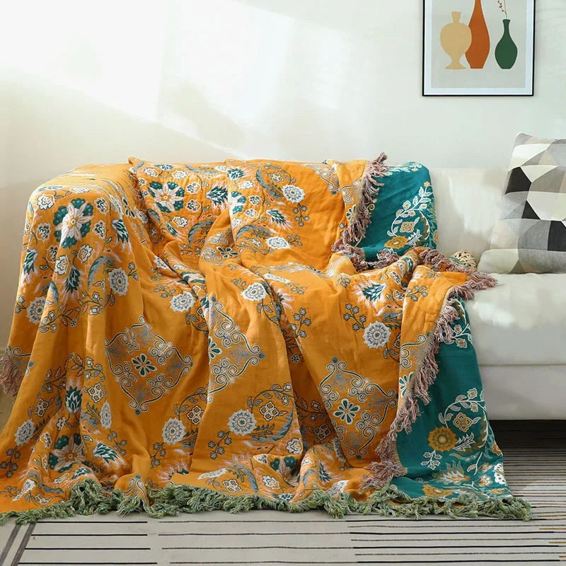 DecorBites™ Gauze Flowers Double-Sided Cotton Throw Blanket with Tassels