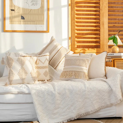 DecorBites™ Geometric Tufted Cushion Cover with Handmade Tassels & Patchwork