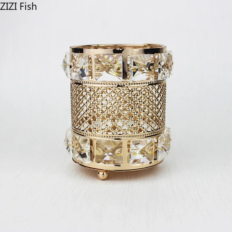 DecorBites™ Gold Plated Hollow Glass Jar: Elegant Makeup Brush & Pen Holder