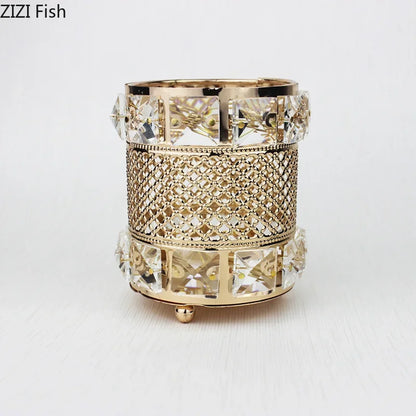 DecorBites™ Gold Plated Hollow Glass Jar: Elegant Makeup Brush & Pen Holder