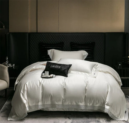 DecorBites™ French Lace Edge Bedding Set, 1000TC Egyptian Cotton, Queen King, Duvet, Sheet, Pillowcases