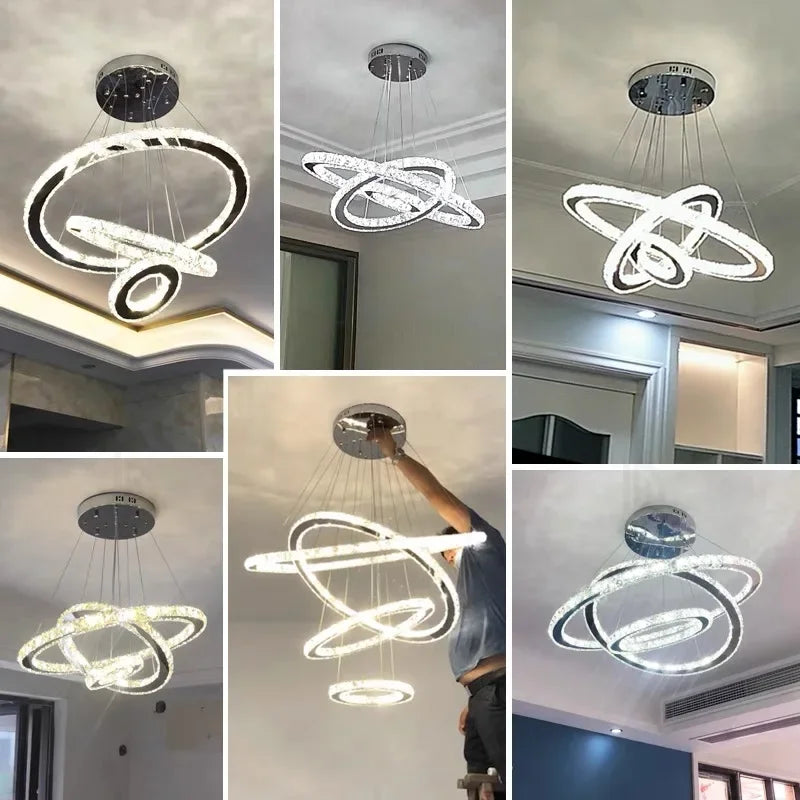 DecorBites™ Crystal Rings LED Chandelier, Chrome Lustre Ceiling Pendant for Living Room