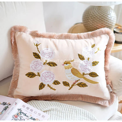 DecorBites™ Bamboo Embroidered Fringed Velvet Lumbar Pillow Cover 30x50cm Luxurious Artistic Oriental Style