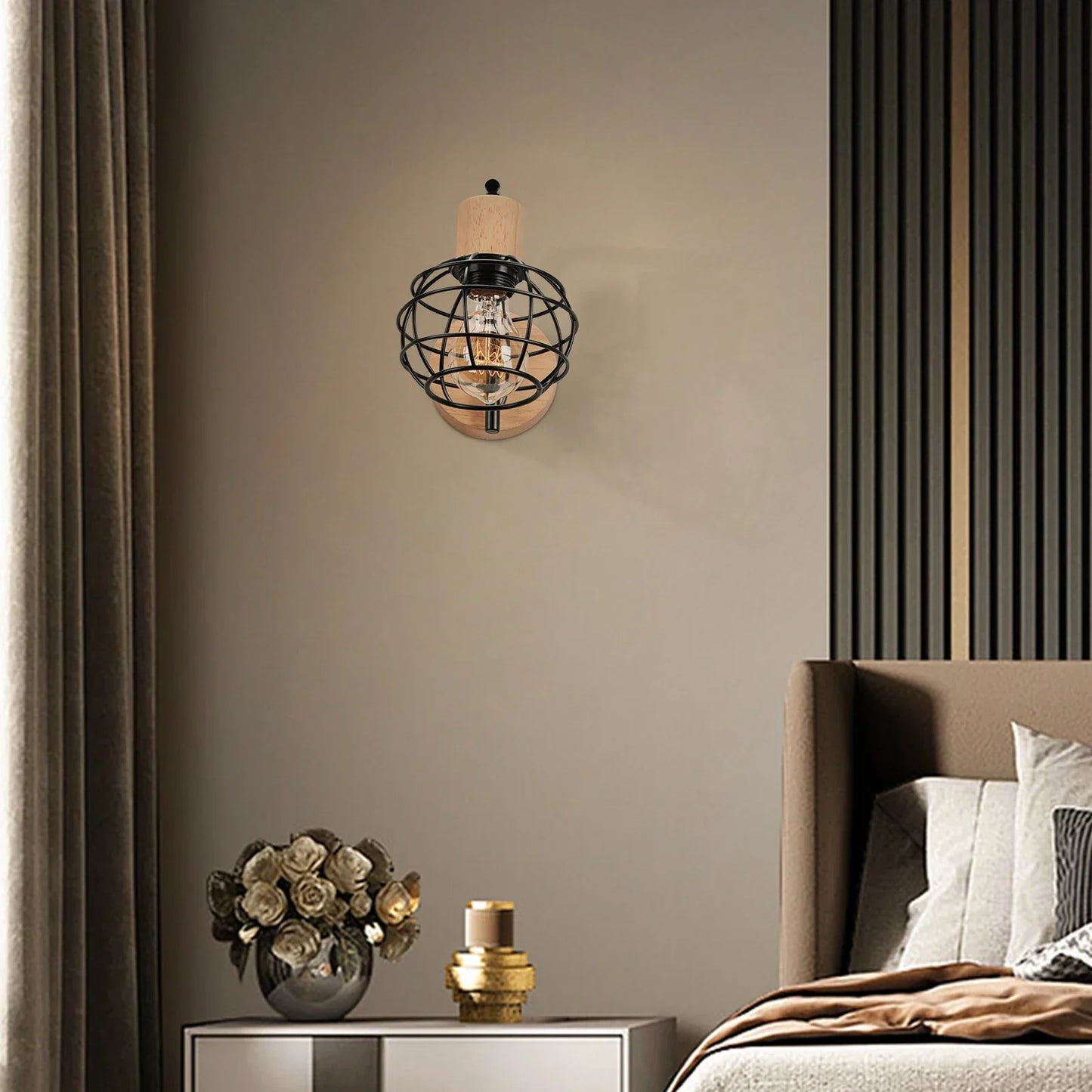 DecorBites™ Iron Wood Wall Lamp Shade: Nordic Indoor Sconce for Bedroom, Living Room, Restaurant