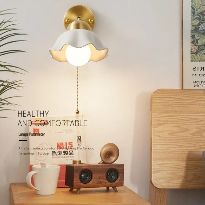DecorBites™ Copper LED Wall Light Fixture Pull Chain Switch Simple Art Bedside Lamp