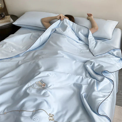 DecorBites™ Ice Rayon Summer Quilt: Bear Floral Embroidery Cooling Thin Blanket - Antimicrobial Comforter