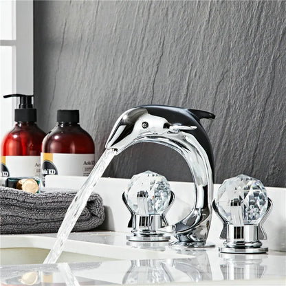 DecorBites™ Gold Basin Faucet: Brass Nickel Dolphin Bathroom Sink Faucet, 3 Hole Widespread