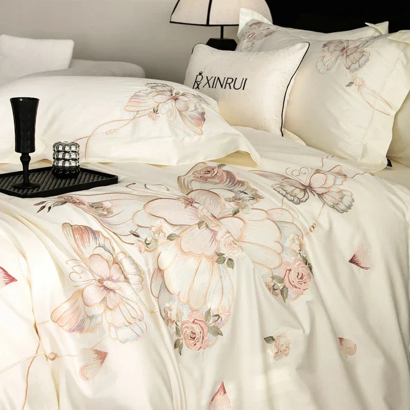 DecorBites™ Luxe Butterfly Flowers Embroidery Bedding Set 800TC Egyptian Cotton Duvet Covers Sheets Pillowcases
