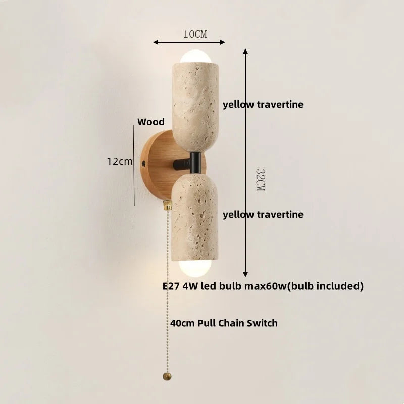 DecorBites™ LED Wall Light Fixture Yellow Travertine Stone Modern Bedside Lamp