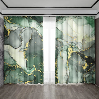 DecorBites™ Green Marble Rod Pocket Curtains for Home Decoration