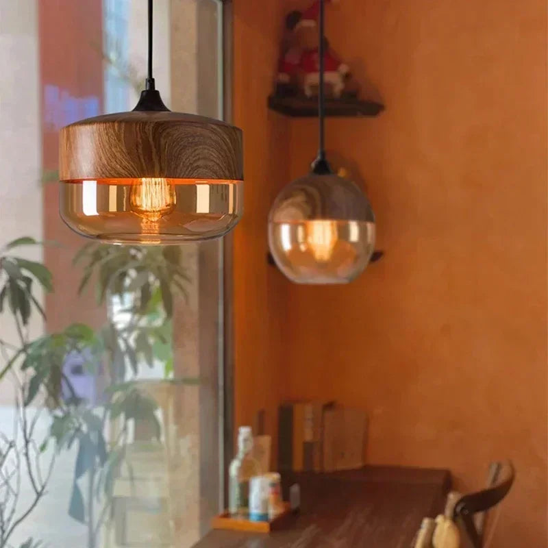 DecorBites™ Glass Wood Chandelier LED Pendant Light Fixture for Living Dining Bedroom