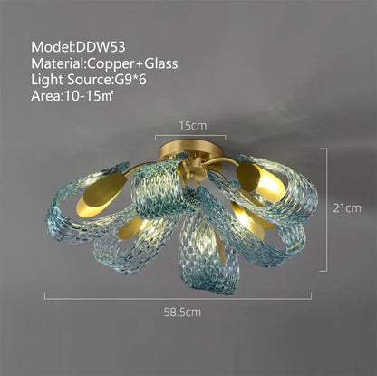 DecorBites™ LED Art Deco Blue Peacock Leaf Copper Ceiling Chandelier for Living Room