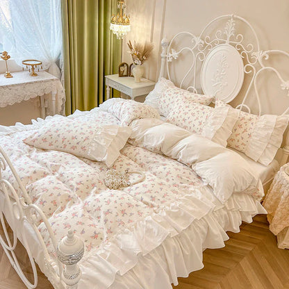DecorBites™ Cotton Floral Print Bedding Set with Pleat Lace Ruffles, 4-Piece Ensemble
