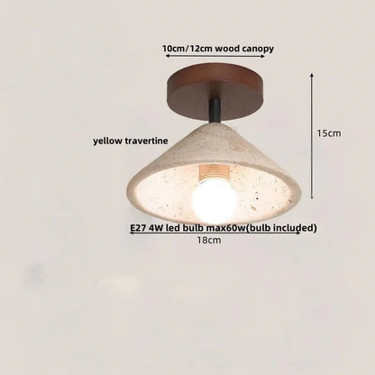 DecorBites™ Japan Style LED Ceiling Light Yellow Travertine Stone Wood Base Bedroom Luminaire.