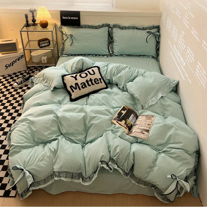 DecorBites™ Cotton Embroidery Bedding Set with Lace for All Seasons
